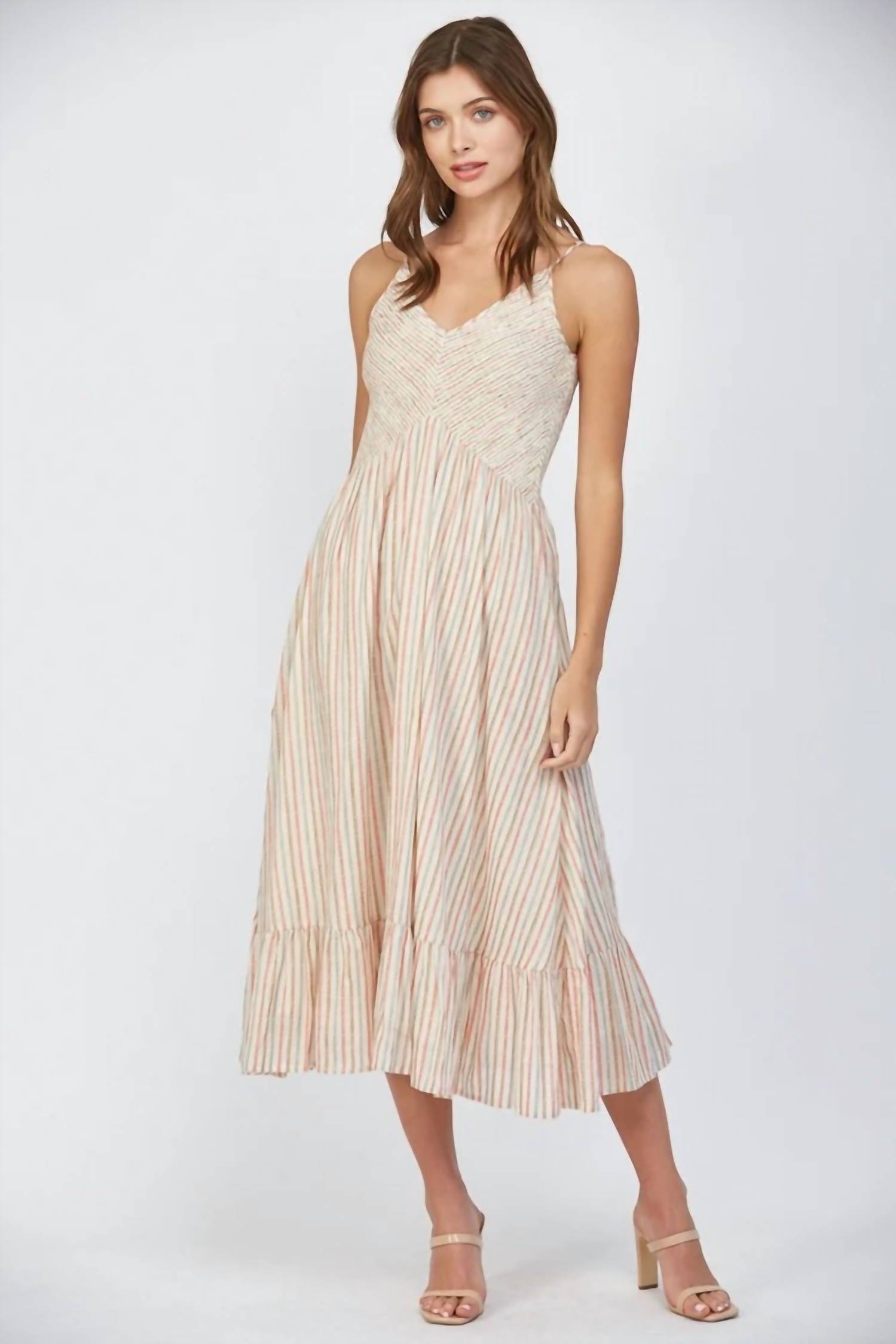New Fate Striped Smocked Bodice Dress In Beige/Multi